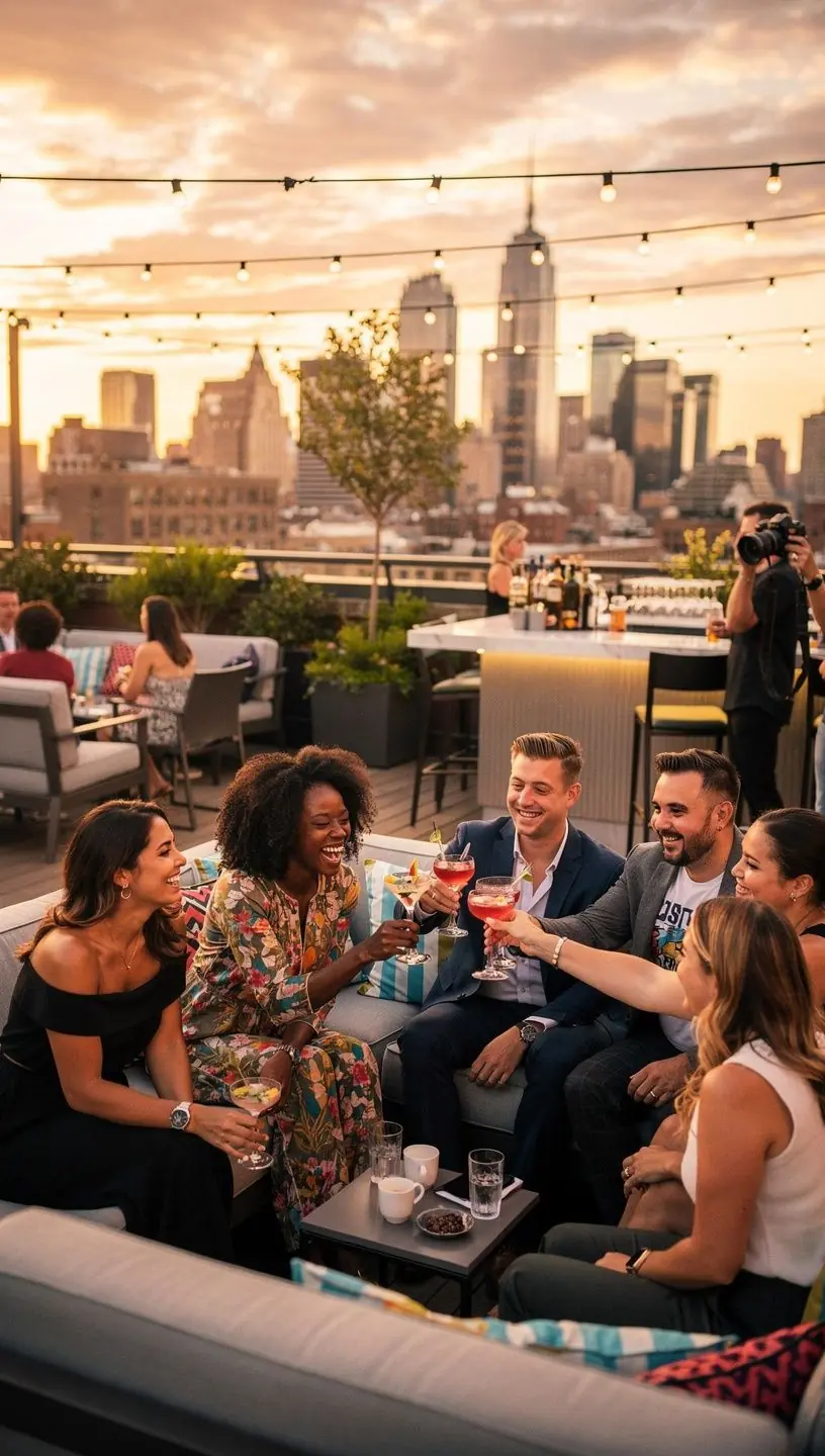 Group of friends enjoying karaoke night in a city bar